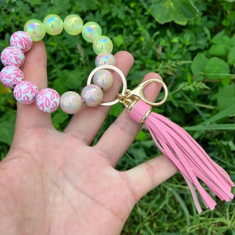 Silicone Beaded Wristlet Keychain With PU Leather Tassel Leopard Zebra Print Iridescent Beads Bracelet Key Ring