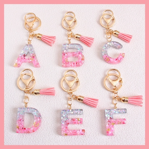 Fashion Glitter Resin English Letter Keychain With Colorful Tassel Gold Metal Key Ring Pendant Alphabet Jewelry For Women