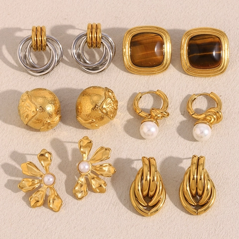 Vintage 18K Gold Plated Stainless Steel Stud Earrings Artificial Pearl Flower Geometric Square Tiger Eye For Women Accessory