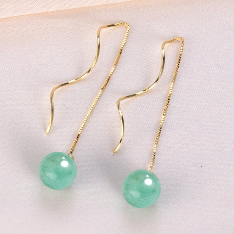 925 Sterling Silver Aventurine Jade Ear Threaders For Women Elegant Long Tassel Wave Chain Drop Earrings Green Stone Jewelry