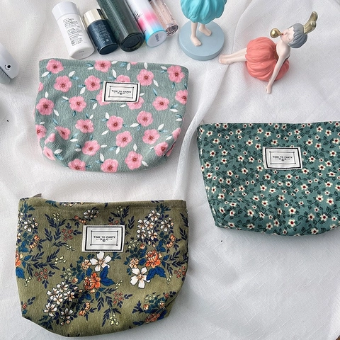 Corduroy Floral Cosmetic Bag Retro Travel Makeup Pouch Portable Zipper Organizer Storage Case For Women Girls