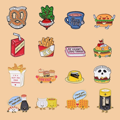 Broche En Émail Dessin Animé Nourriture Burger Frites Pins Alliage De Zinc Métal Badge Revers Accessoires Amusant Mignon Décoration