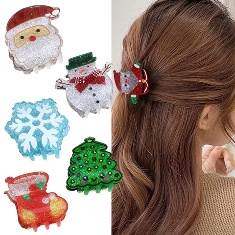 Christmas Hair Claw Clip Glitter Acrylic Santa Claus Snowman Tree Snowflake Novelty Festive Headwear Women Girls Gift