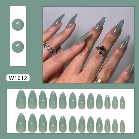 Jade Green Press On Nails Translucent Glossy Almond Stiletto Shape Minimalist Artificial Fingernails For Women Manicure Decor