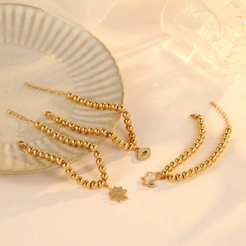 Gold Titanium Steel Bead Bracelet For Women With Zirconia Maple Leaf Unicorn Moon Star Key Pendant Fashion Jewelry Gift