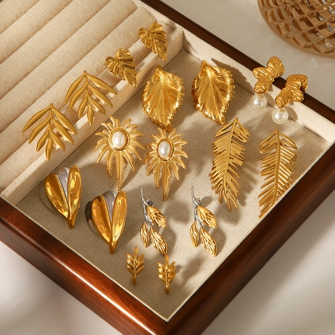 Stainless Steel Leaf Stud Earrings 18K Gold Plated Nature Inspired Minimalist Jewelry For Women Waterproof Anti Allergy