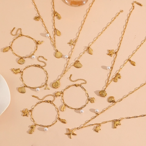 Ocean Theme Necklace And Bracelet Gold Plated Stainless Steel Faux Artificial Pearl Starfish Shell Summer Beach Jewelry For Women