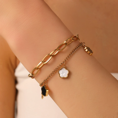 Double Layer Stainless Steel Bracelet With Black White Hollow Five Petal Flower Pendants Elegant Jewelry For Women
