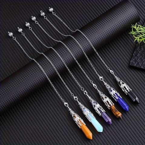 Natural Stone Hexagonal Prism Pendant Necklace Alloy Hollow Cap Crystal Healing Point Dowsing Pendulum For Women Men