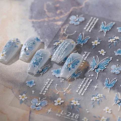 5D Embossed Nail Art Stickers Blue Butterfly Flower Design Self Adhesive Rhinestone Artificial Pearl Decor DIY Manicure Elegant