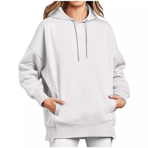 Women Oversized Hoodie Solid Color Polyester Spandex Drawstring Kangaroo Pocket Drop Shoulder Casual Pullover
