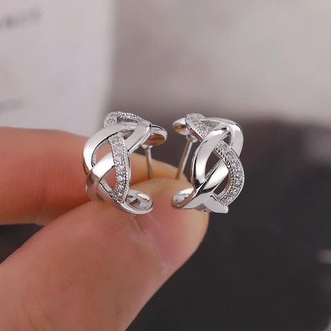 Minimalistische Koperen C-Vorm Ring Oorbellen Gedraaid Kruis Ontwerp Strass Ingelegd Goud Zilver Verguld Geometrische Sieraden Voor Vrouwen Cadeau
