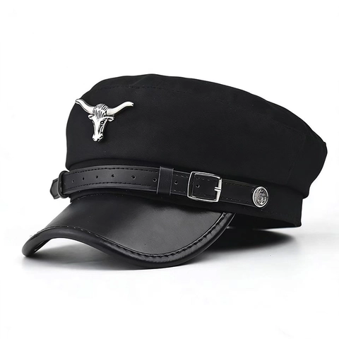 Flat Top Military Cap Vintage Sailor Hat Cotton Linen Leather Brim Metal Bull Head Badge Punk Retro British Style