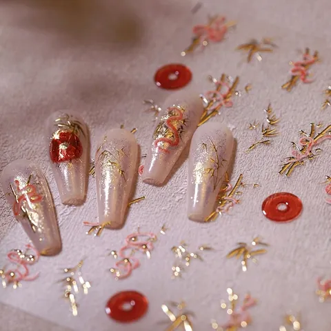 Chinesischer Stil 3D Geprägte Bronzierte Nagelkunst Aufkleber Gold Bambus Schlange Drachen Muster Maniküre Dekoration