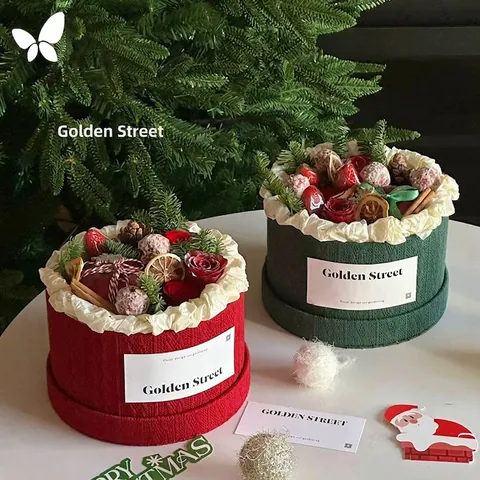 Christmas Round Gift Box Velvet Knitted Plaid Tweed Style Holiday Flower Arrangement Storage Fruit Packaging Case DIY