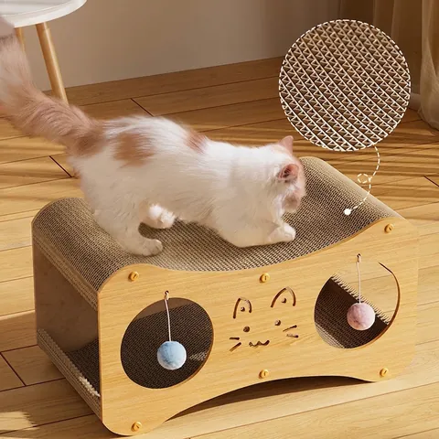 Multi Functional Cat Scratcher House Corrugated Cardboard Wood Double Layer Cat Nest Bed Tunnel With Hanging Balls
