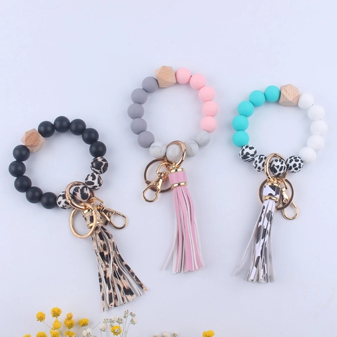 Llavero De Pulsera Con Cuentas Silicona Madera Estampado Leopardo Borla Pulsera Elástica Llavero Para Mujer
