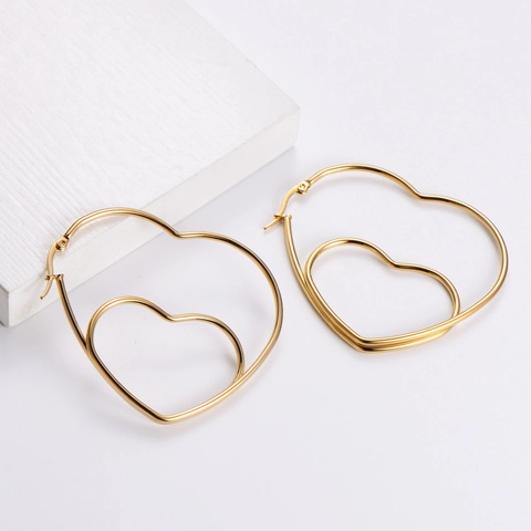 Double Nested Heart Hoop Earrings 316L Stainless Steel Gold Plated Minimalist Large Geometric Jewelry For Women