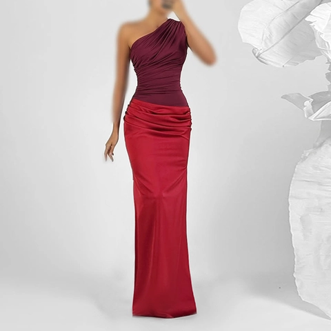 One Shoulder Evening Gown Satin Ruched Fishtail Maxi Dress Two Tone Bodycon Party Wedding Guest Prom Apparel For Women