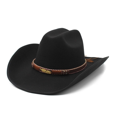 Western Cowboy Hat Wide Brim Wool Felt Fedora With Golden Feather Decor Ethnic Retro Jazz Hat For Women Men