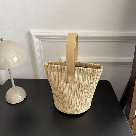 Borsa A Secchiello Intrecciata In Paglia Con Manico In Pelle PU Estate Spiaggia Vacanze Mini Borsa A Mano Casual Fresca Donne
