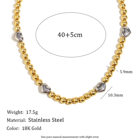 Edelstahl Halskette 18K Vergoldet Zweifarbig Runde Perlen Silberne Herzanhänger Minimalistischer Modeschmuck Damen