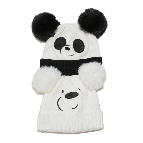 Kids Cartoon Panda Bear Knit Beanie Hat Winter Warm Fleece Lined Faux Fur Pom Poms Acrylic