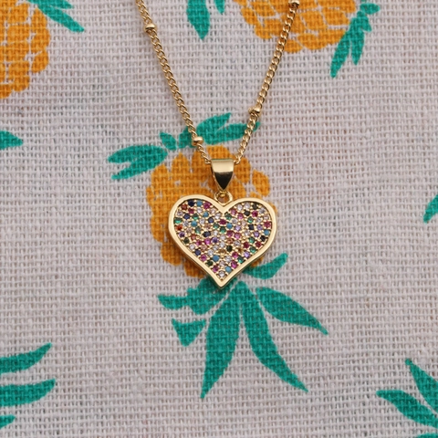 Heart Pendant Necklace Copper Multicolor Zirconia Satellite Chain Jewelry Gift For Women Romantic Chic Adjustable