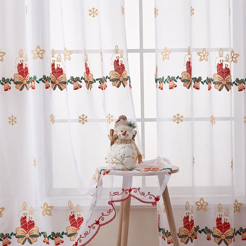 Christmas Sheer Curtain White Window Drape Snowflake Candle Bell Embroidery Polyester Festive Home Decor