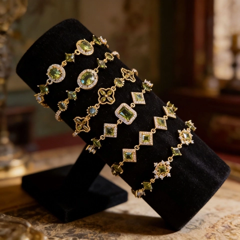 Bracciale Fiore Smeraldo Vintage Placcato Oro Vero Zircone Verde Braccialetto Regolabile Gioielli Retrò Donna