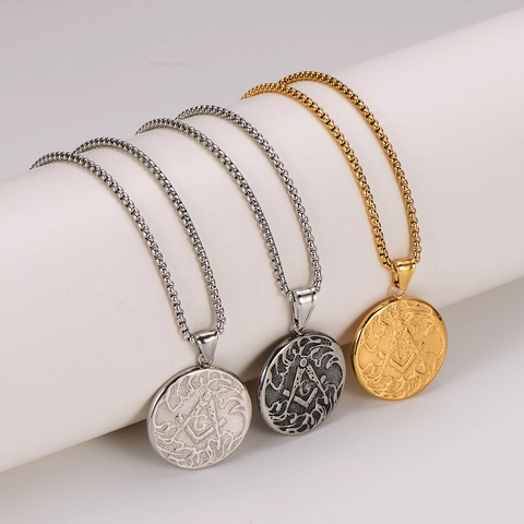 Collar Colgante Masónico Acero Inoxidable 304 Vintage Geométrico Símbolo Compás Escuadra Joyería Hombre