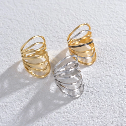 Stainless Steel Multi Layer Open Rings For Women 14K Gold Plated Geometric Hollow Out Adjustable Minimalist Jewelry