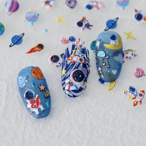 Space Astronaut Nail Art Stickers 3D Embossed Self Adhesive Planet Rocket Star Moon Cartoon DIY Manicure Decals For Women