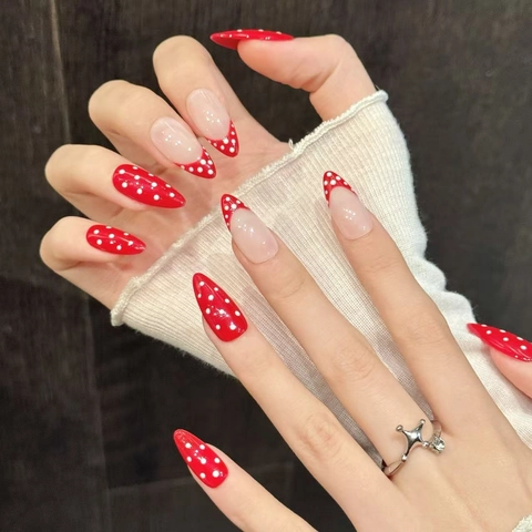 Rot Weiß Punktmuster Kontrast Farbe Onychoplastik Mandelform Französischer Stil Handgefertigt Wiederverwendbare Falsche Nägel Für Damen Nagelkunst