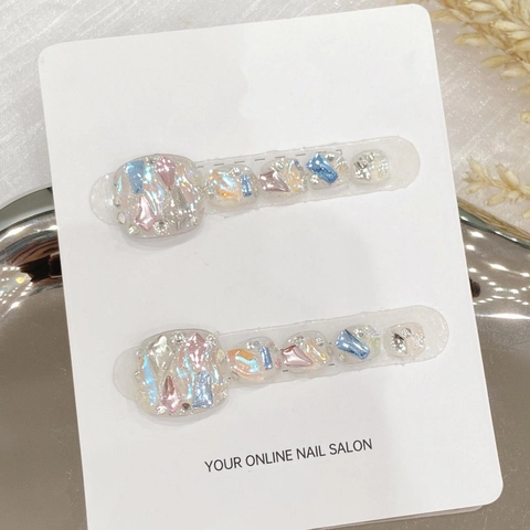 Handmade Press On Toe Nails White Pink Bow Starry Sky Rhinestone Sparkling Luxury Artificial Toenail Art For Women