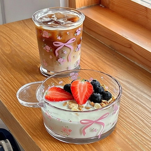 French Style Glass Cup Mug Breakfast Bowl Pink Bowknot Rose Floral Pattern Romantic Girly Coffee Milk Drinkware