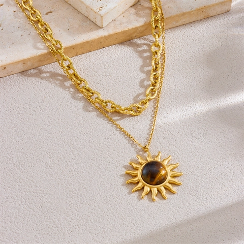 Layered Necklace With Sun Pendant Vintage Stainless Steel Tiger Eye Stone Boho Style Jewelry For Women