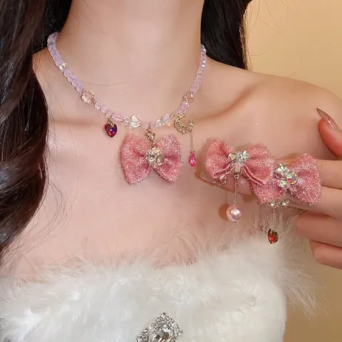 Collar Y Pendientes De Lazo Perla Artificial Aleación Cuentas De Vidrio Colgantes Corazón Estrella Luna Joyería Con Poste De Plata