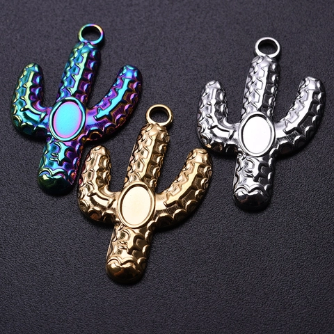 Kaktus Anhänger Halskette 304 Edelstahl Texturiert 18K Vergoldet Regenbogen Schmuck Zubehör Für Damen