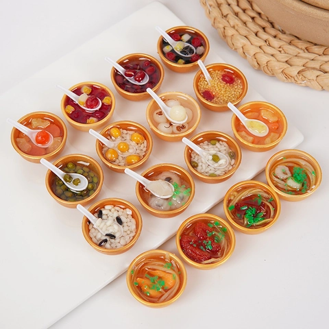 Miniature Simulation Gold Bowl Play Food Chinese Cuisine Noodles Porridge Model Dollhouse Accessories Keychain Novelty Toy