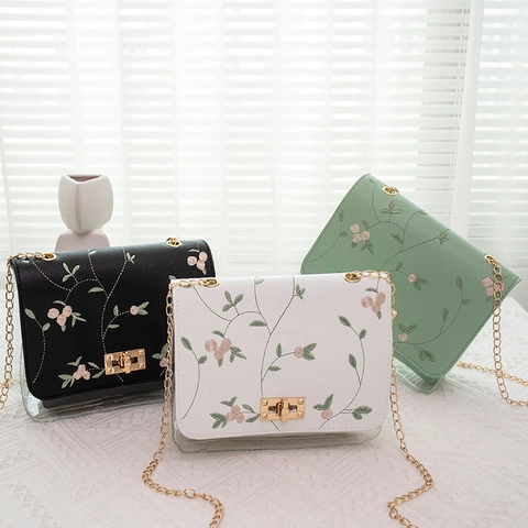 Floral Embroidery Crossbody Bag PU Leather Transparent PVC Chain Strap Square Shoulder Handbag Pouch Elegant Woman
