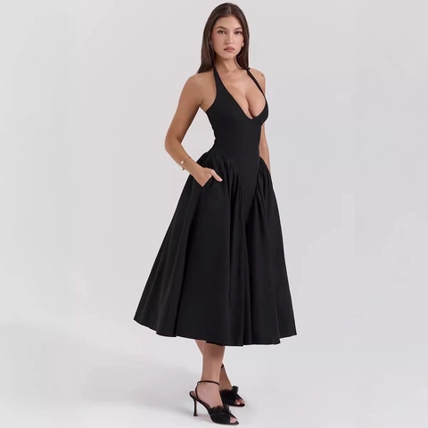 Deep V Neck Halter Midi Dress Polyester Backless Pleated A-Line Swing Elegant Party Clubwear For Women Black
