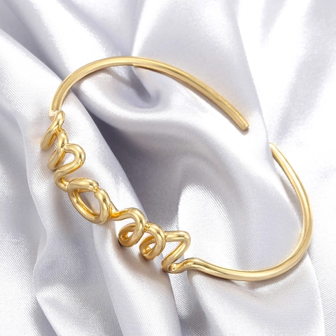 Bracciale Rigido MOM in Rame Minimalista per Donna Oro Argento Placcato Aperto Regolabile Regalo Gioielli Festa della Mamma