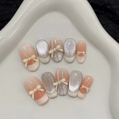 Unghie Finte Fatte A Mano Glitter Argento French Tip Bianco Fiocco Resina Bara Artificiali Stile Balletto