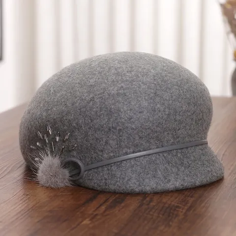 Elegant Women Wool Felt Cloche Hat Mink Fur Ball Rhinestone Decor Vintage British Style Solid Color Autumn Winter