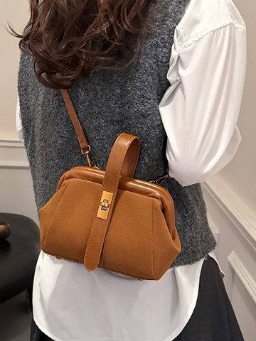 Vintage Frosted PU Leather Women Handbag Retro Frame Doctor Bag Gold Lock Adjustable Shoulder Crossbody Bag Solid Color Simple