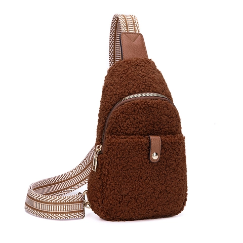 Plush Faux Sherpa Chest Bag Women Ethnic Geometric Wide Strap Casual Crossbody Belt Bag Outdoor Travel Fashion Purse