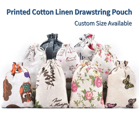 Cotton Linen Drawstring Pouch Bags Printed Jewelry Storage Bags Vintage Style Gift Packaging For Wedding Party Favors