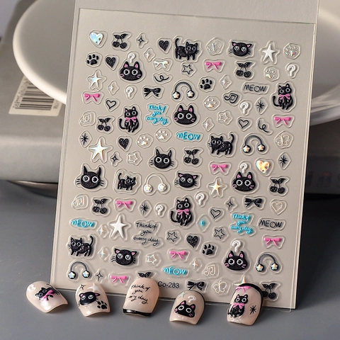 Autocollants De Nail Art En Relief 5D Design De Chat Noir Dessin Animé Imperméables Décalcomanies De Manucure Auto-adhésives