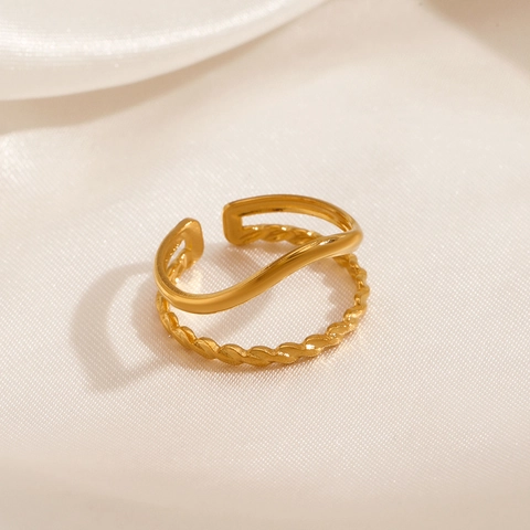 Layered Wave And Twisted Rope Open Adjustable Ring Gold Plated Stainless Steel Niche Design For Women